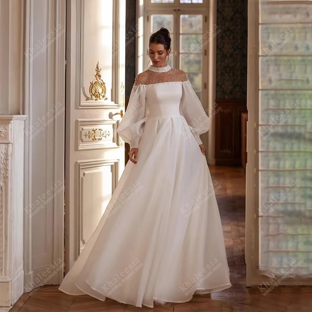 

Modern Wedding Dresses Gorgeous Bridal Gowns Long Puff Sleeves Robe High Neck Beading Applique Vestidos De Novia Customized 2026