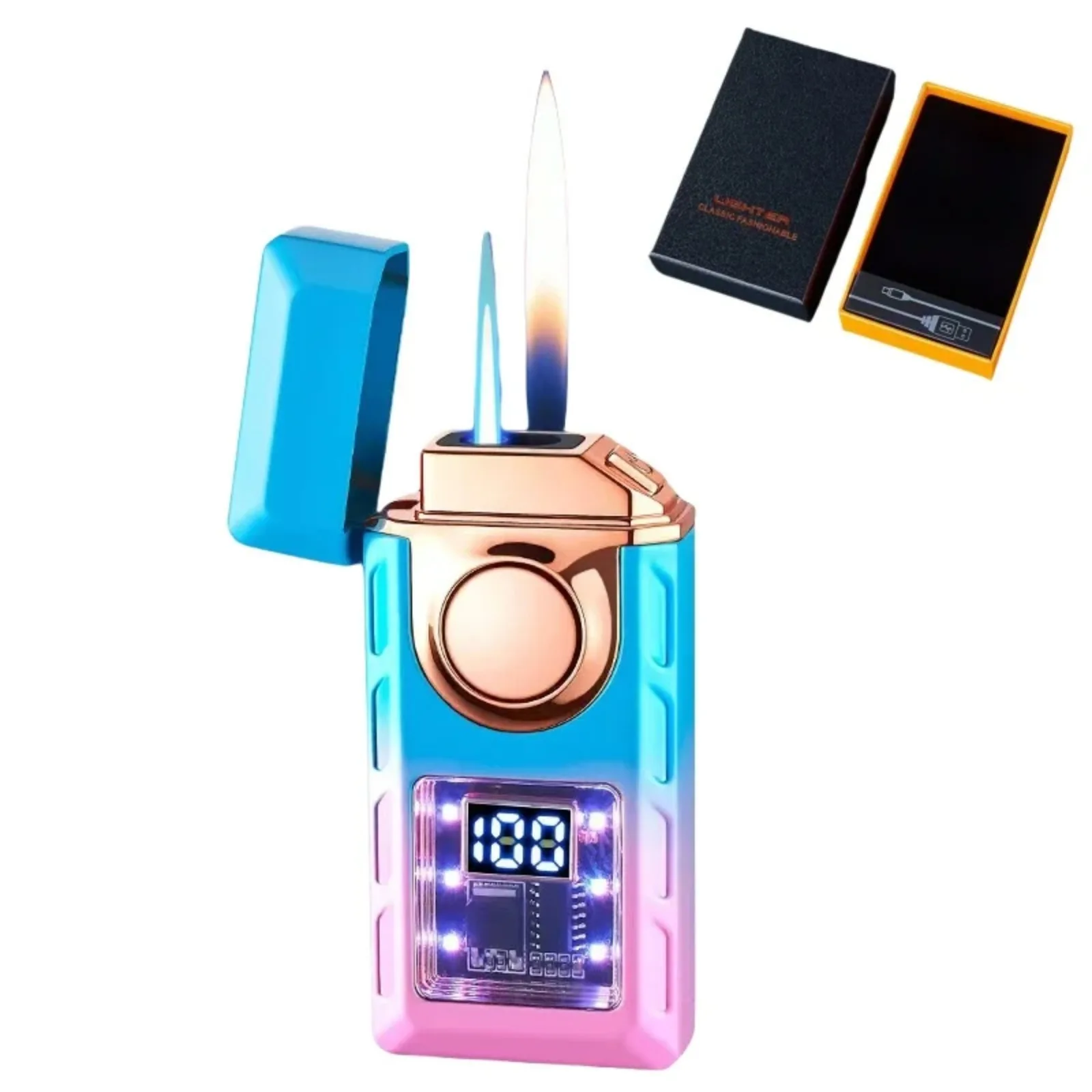 2025Smart Type-c Rechargeable Lighter Creative Men's Gift Fashionable Dual Flame Switch Gas Lighter Digital Display Arc Ignition