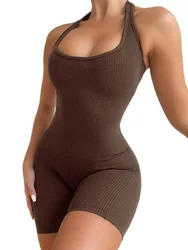 DZ-DZ sin mangas de punto acanalado para mujer, mono Sexy de una pieza con Espalda descubierta, pantalones cortos Bodycon para Yoga