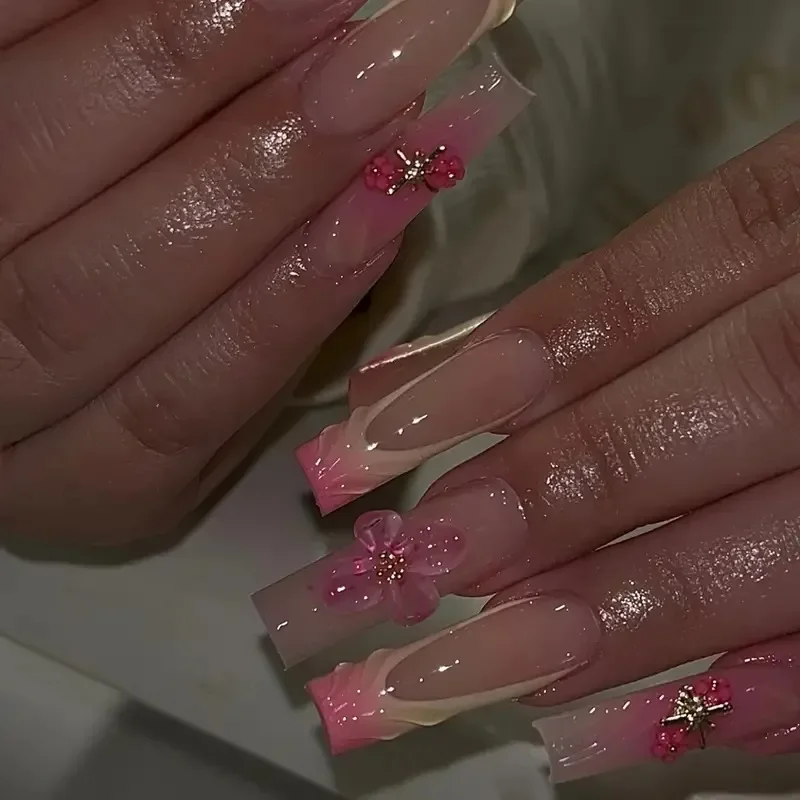 أظافر فرنسية طويلة مربعة الشكل ، لون أصفر متدرج ، أظافر أكريليك اصطناعية ، ثلاثية الأبعاد ، نجمة ، طرف أظافر بغطاء كامل ، حلو ، لطيف ، 24