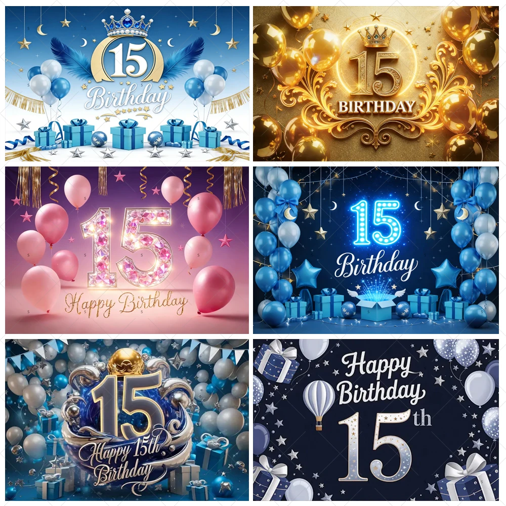 

15th Birthday Theme Backdrop Black Gold Glitter Balloon for Women Men Boy Girl Party Decorations Balloon Banner Photography Prop
