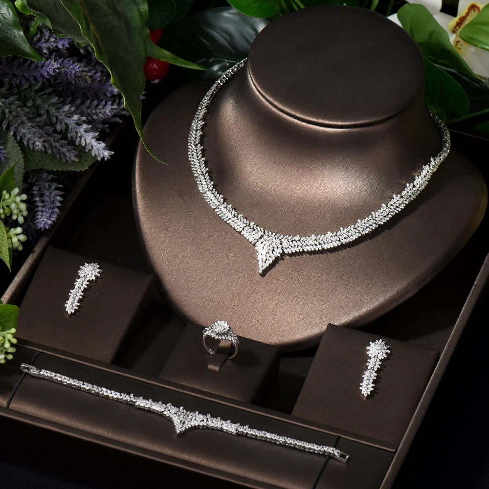 

HIBRIDE Shiny White Color Jewelry Set for Women Bridal Wedding Party Accessories Leaf Design CZ Necklaces and Earrings Set S-035