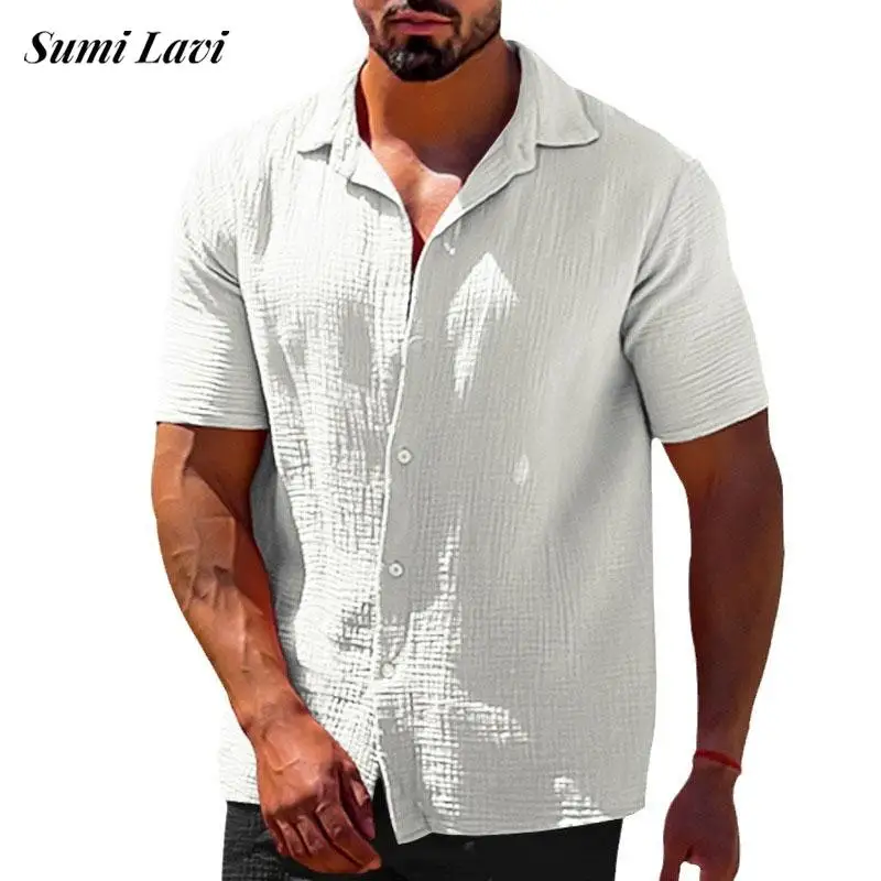 

Solid Color Breathable Cotton Linen Tops Men Short Sleeve Single Breasted Lapel Shirts New Casual Cardigan Mens Clothing Shirt