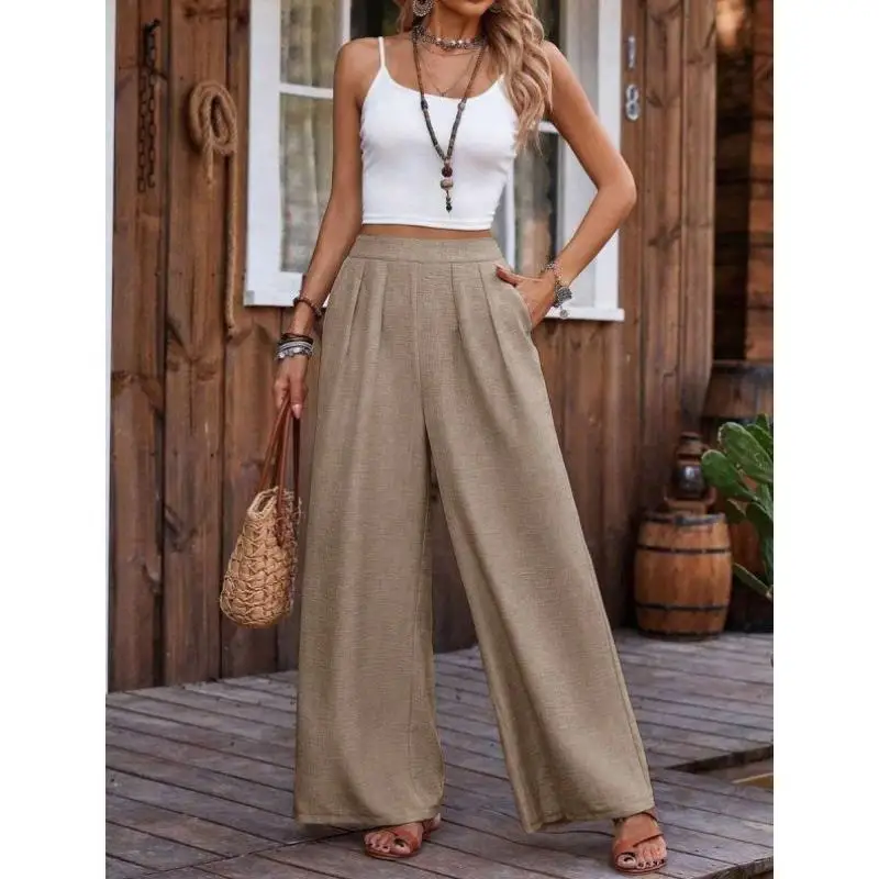 

Casual Pure Color Wide Leg Pants K 7084 Transborder Sle New Arrival Ciwalk Vintage Nine Points Length Polyester Fabric