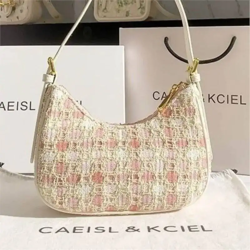 Sweet Pink Woven Crescent Underarm Bag Women Retro Color Block Shoulder Bags Ladies Elegant Fashion Casual Commute Handbag 2025