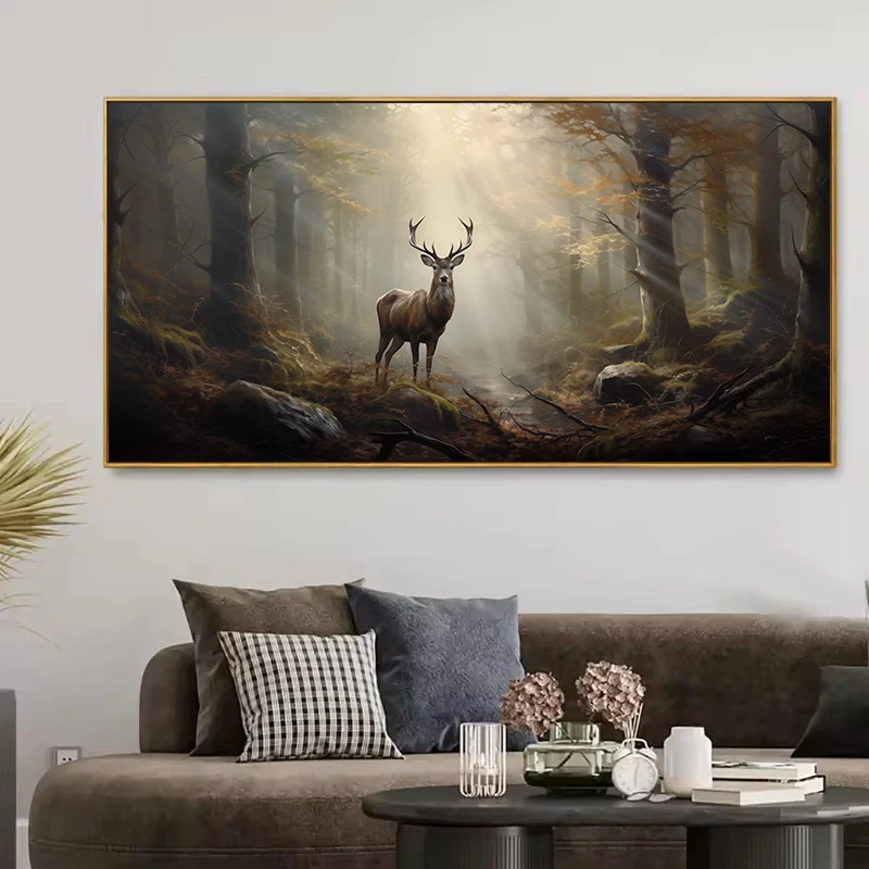 الغزلان خمر في الغابات الضبابية الغامضة الحيوانات البرية طبيعة المشهد المشارك حائط لوح رسم الفن صور ديكور غرفة نوم المنزل #3