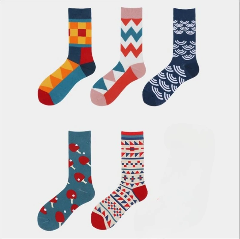 5 Pairs Autumn Winter Fashion Geometric Contrasting Color Trend Personality Mid Tube Socks Casual Comfortable Versatile Socks