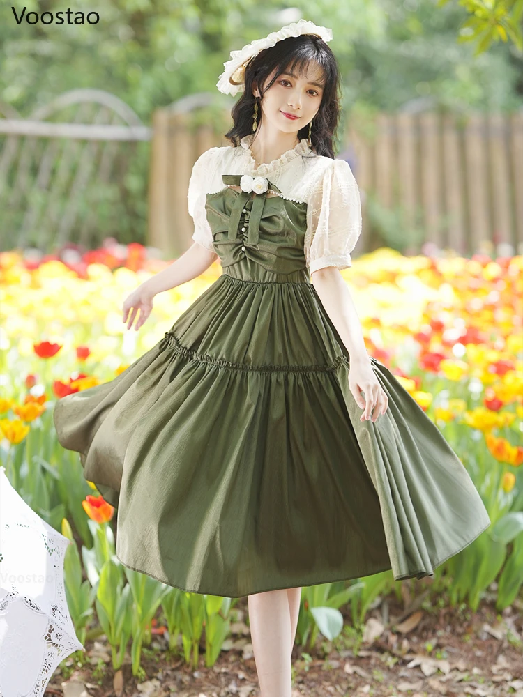 Summer Vintage Victorian Princess Dress Women French Sweet Lolita Style Puff Sleeve Party Dresses Female Elegant Green Vestidos