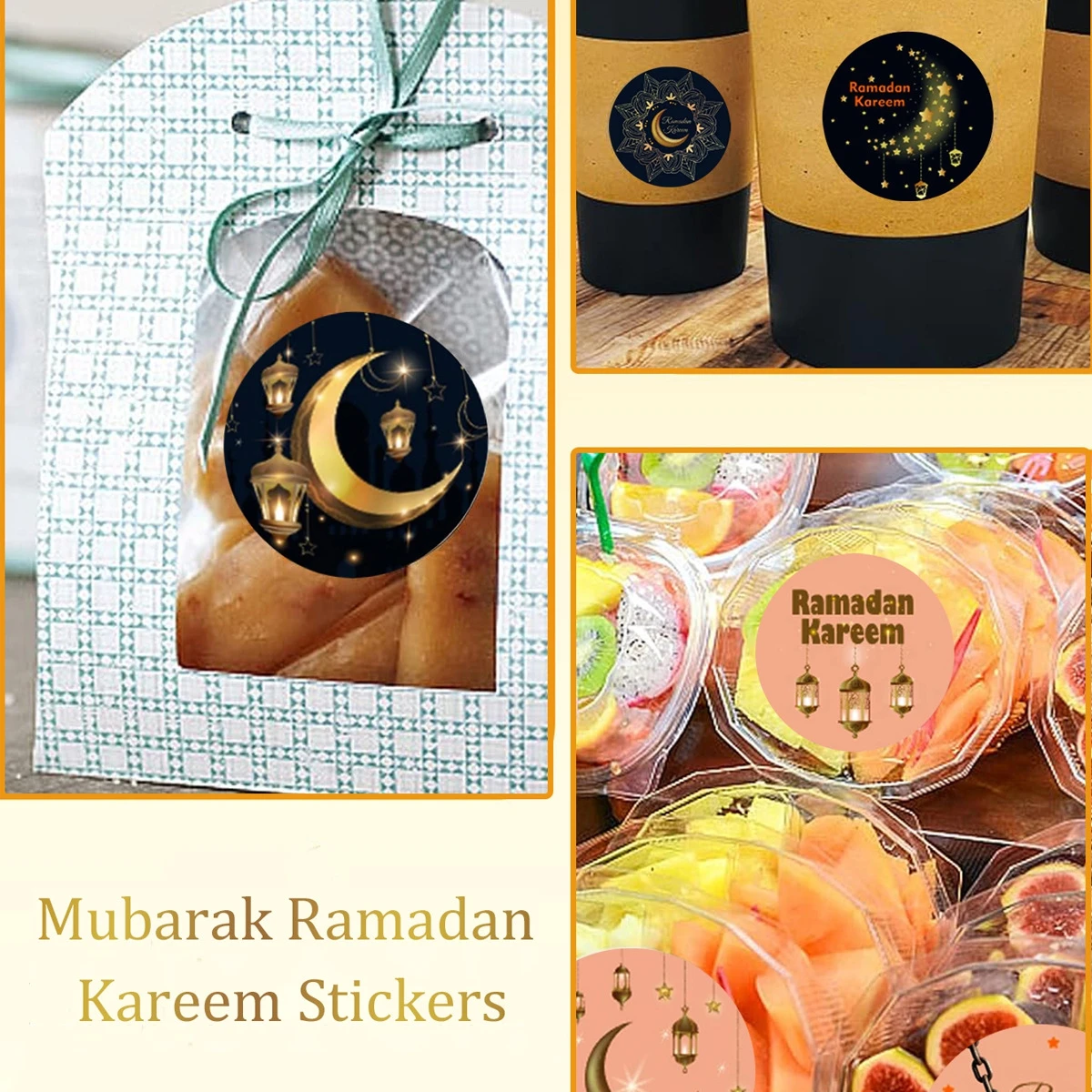 100-500 Stuks 1' Eid Mubarak Ramadan Kareem Stickers Roll, 6 Patronen Ronde Happy EID Gift Tag Inpakpapier zelfklevende Sticker