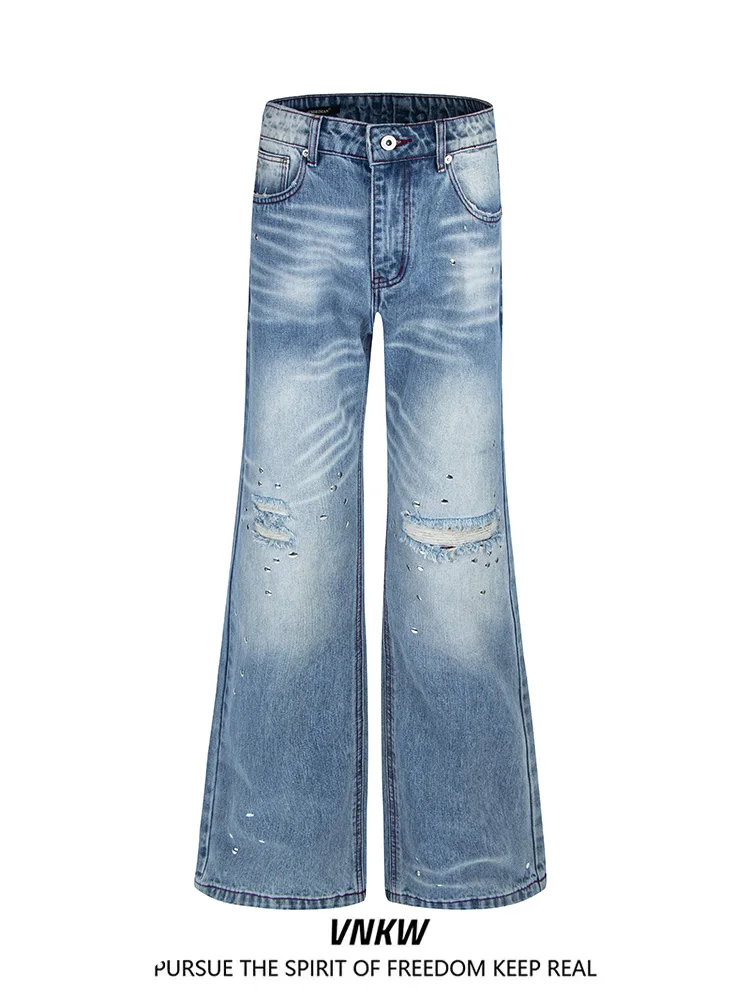 Calças Jeans Retrô Americanas Lavadas Unissex, Soltas e Fluídas, de Perna Reta, Comprimento Longo até o Chão, com Efeito Desg...