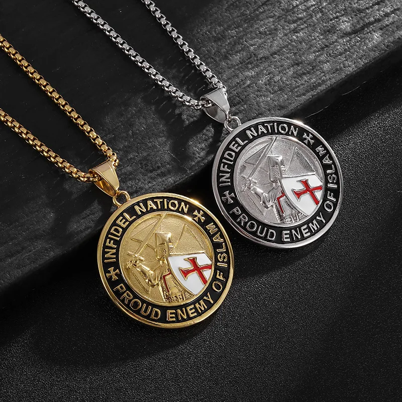 New Onlysda Cool Men's Pendant Stainless Steel Red Armor Shield Knight Templar Crusader Cross Necklace Punk Jewelry