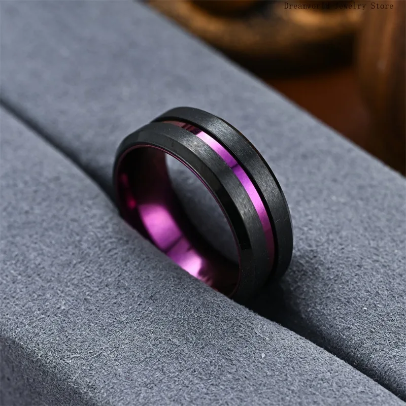 Stainless Steel Ring Two Tone Fashion Plated New Color Purple Black Beveled Men\'s Titanium Steel Groove  Black Engagement Rings