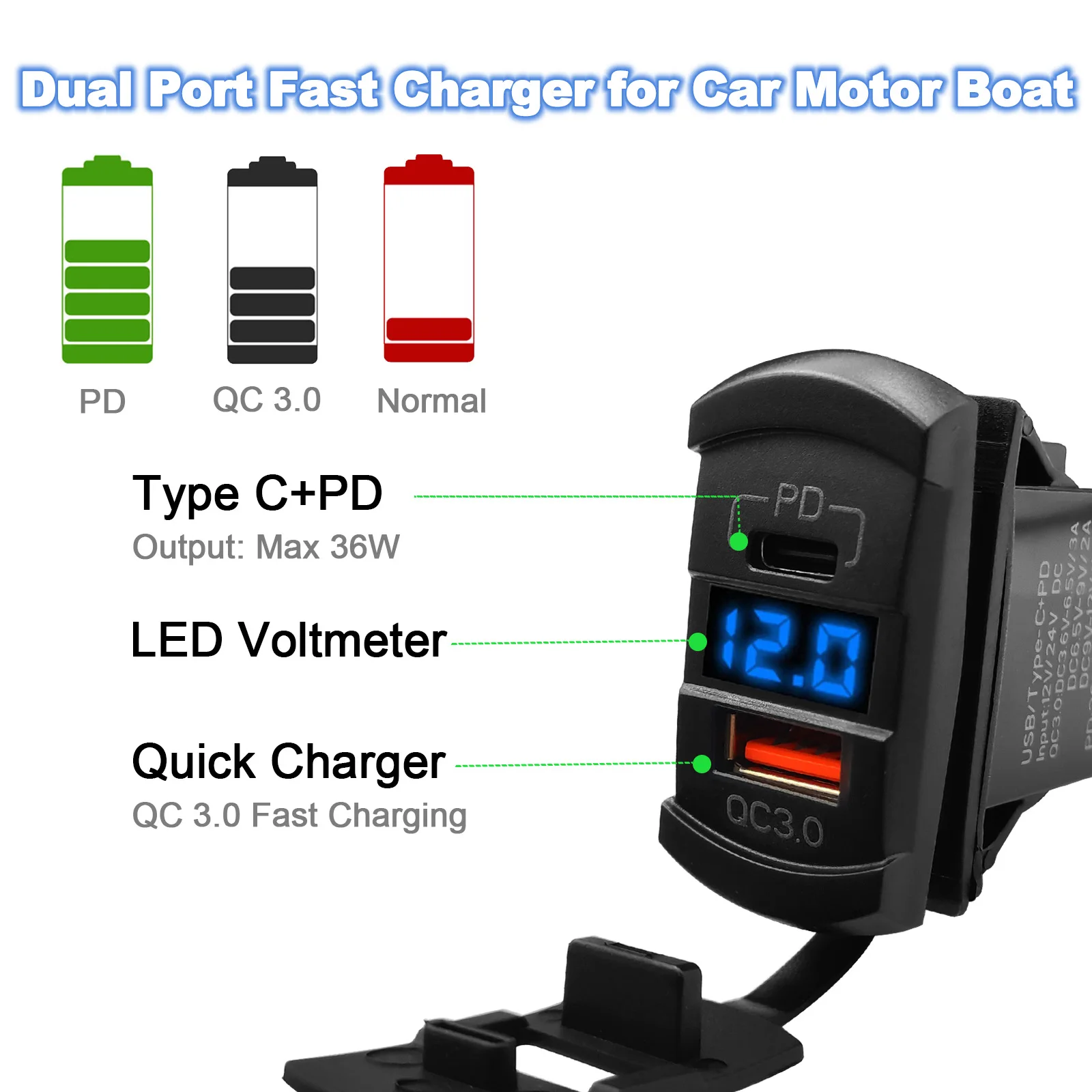 Dual USB Quick Charger QC 3.0 Type C 36W Socket DC 12V-24V and Voltmeter Blue Led Rocker Switch for Car Motor Marine Boat Truck