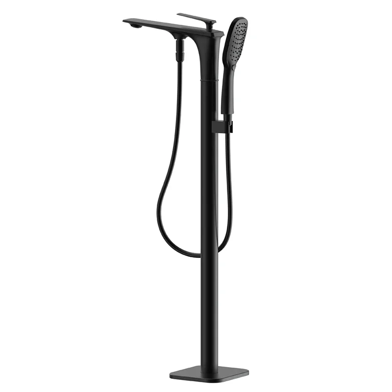 

Black floor-to-ceiling bathtub faucet, shower, column basin, wooden bucket, cylinder edge, all-copper mixing valve, hot and cold