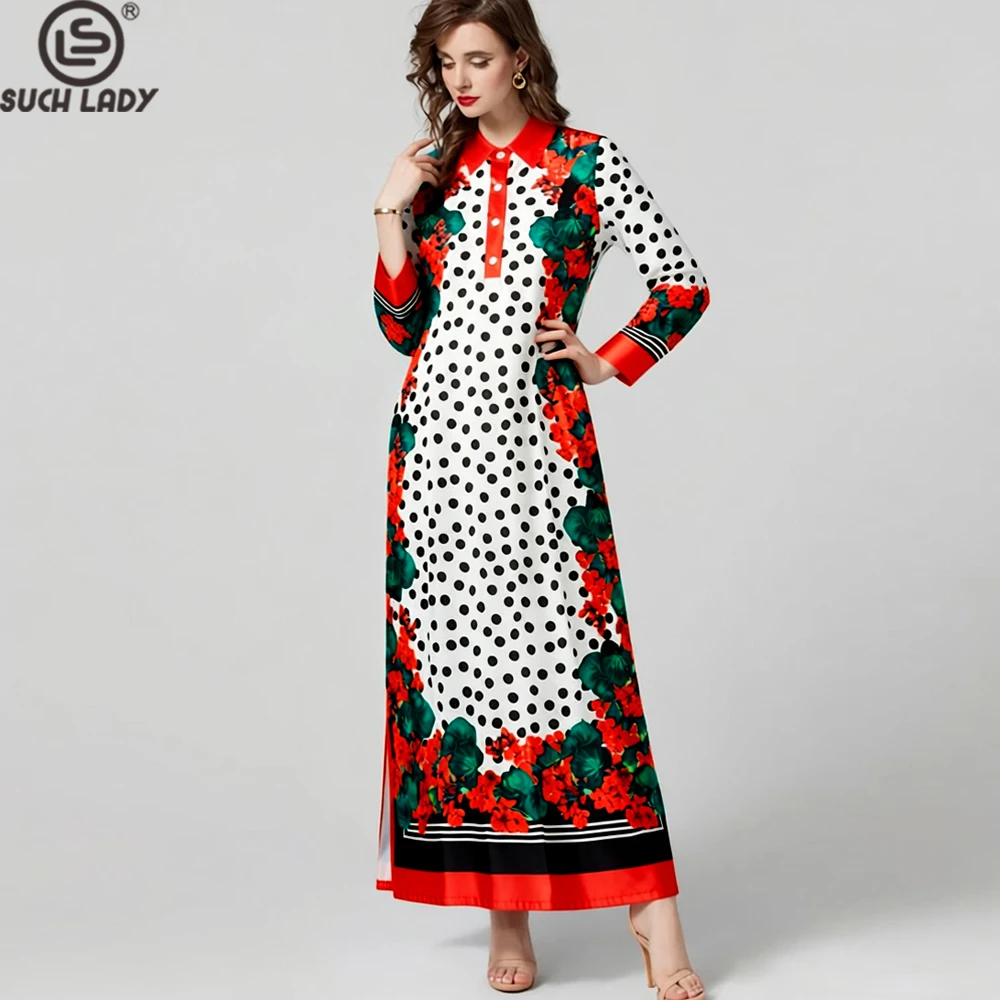 Abito lungo da donna con stampa floreale rossa e pois, colletto abbottonato, maniche lunghe, abiti fluidi stile vintage
