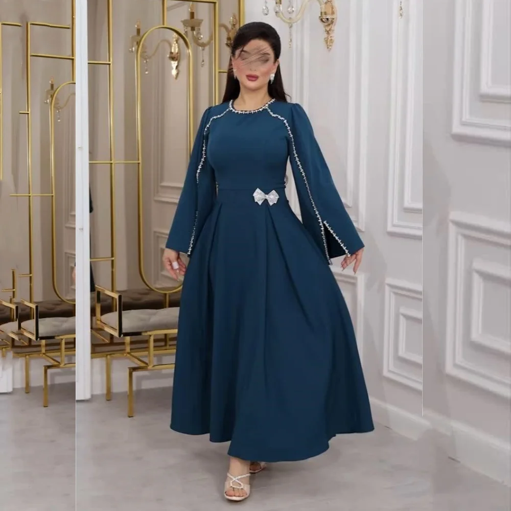 

Customized Jersey Sequined Bow O-Neck A-line Midi Dresses Bespoke Occasion Evening Gown Classic Elegant Prom Sparkle Formal