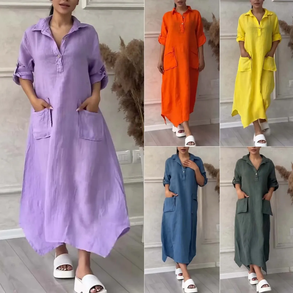 

SKMY 2025 Women's New Cotton And Linen Dress Long Sleeve Summer Clothes Solid Color Casual Turn-Down Collar Pocket Long Dresses