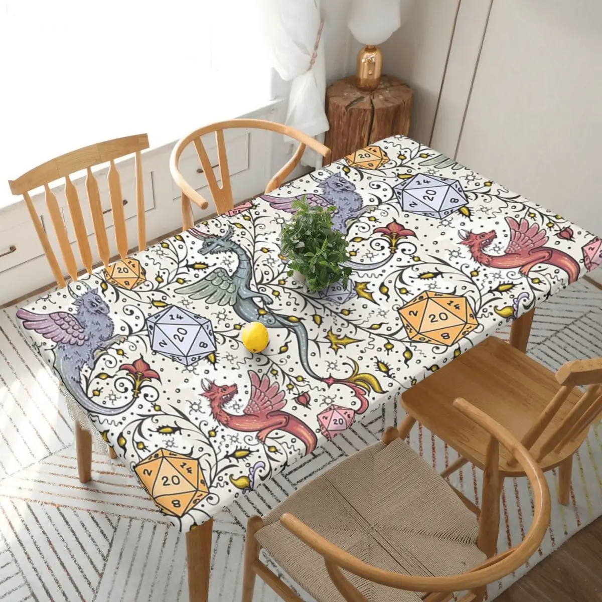 Medieval Dragon And D20 Dice Dnd Pattern Custom Rectangular Tablecloth Oilproof Table Cover for Dining Events Table Cloth