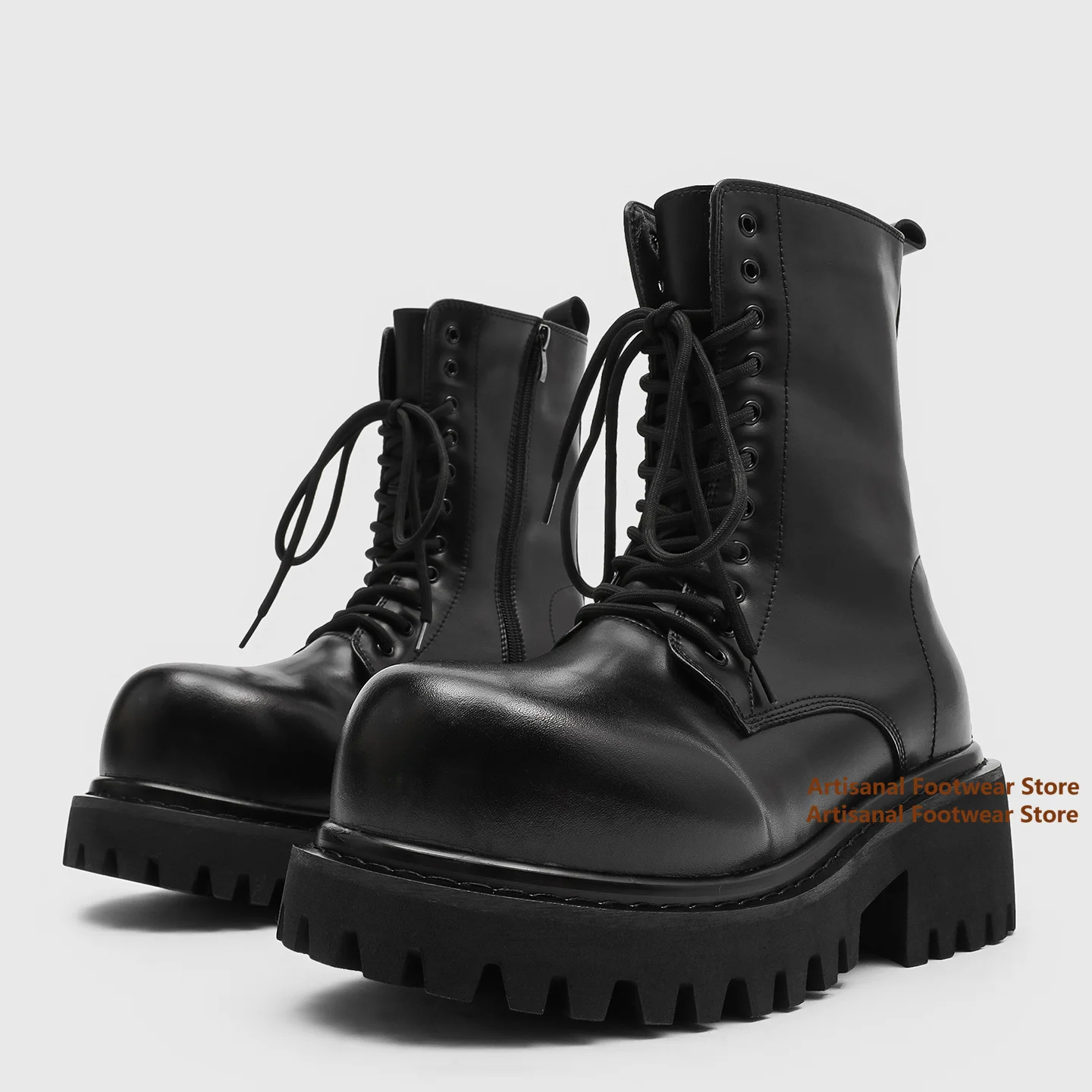 Thick-Soled Motorcycle Boots Retro Big Round Toe Men's Boots Classic Height Increasing Outdoor Designer Handmade Men Boots