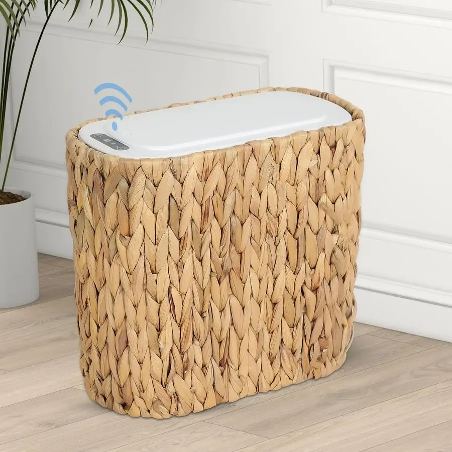 

Kitchen Trash Can with Lid,3.5 Gallon Automatic Small Rattan Trash Can,Slim Wicker Motion Sensor Garbage Can and Hamper 2 in 1 f