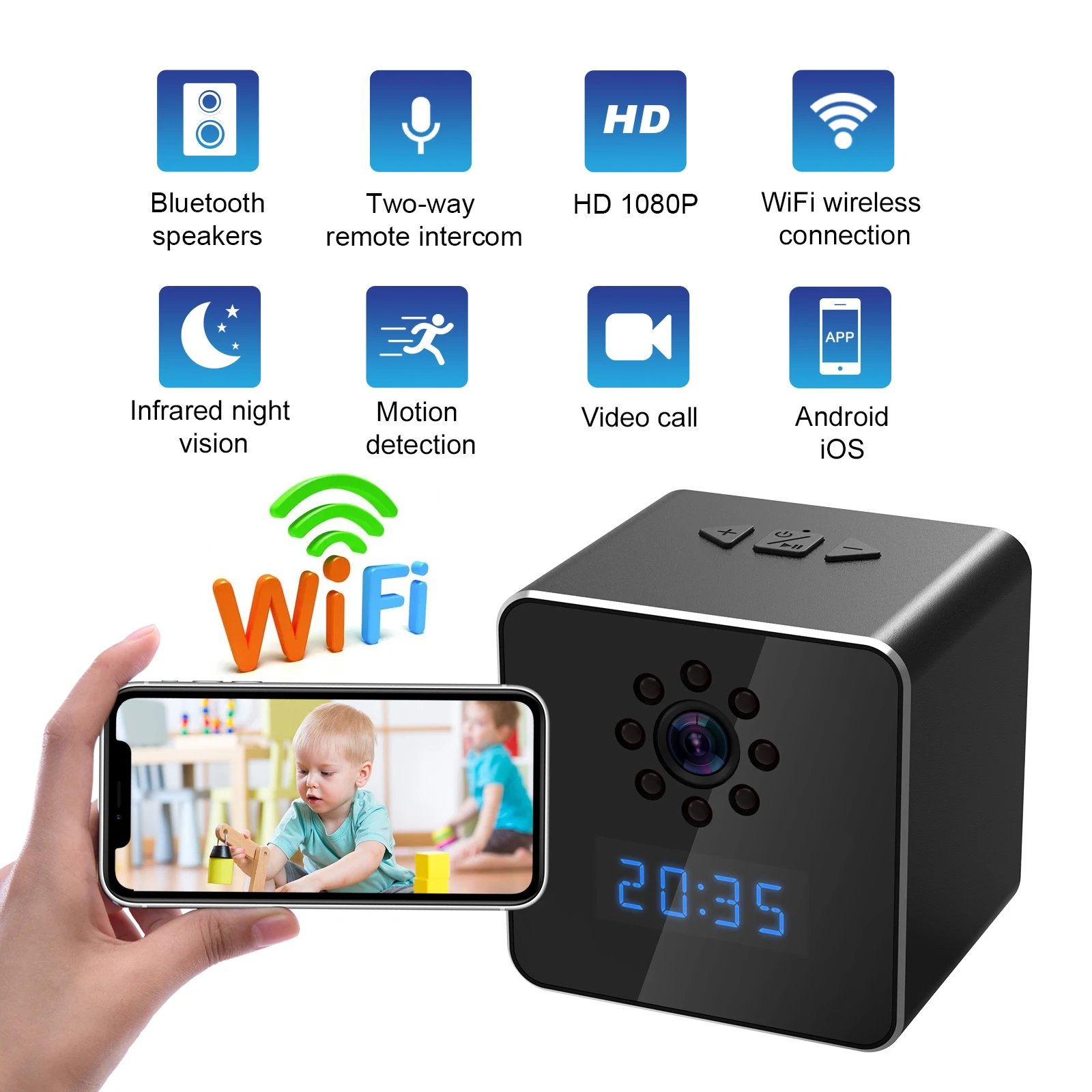 Mini clock camera, Bluetooth speaker camera, night vision full HD 1080P. Nanny baby alarm clock recorder monitor