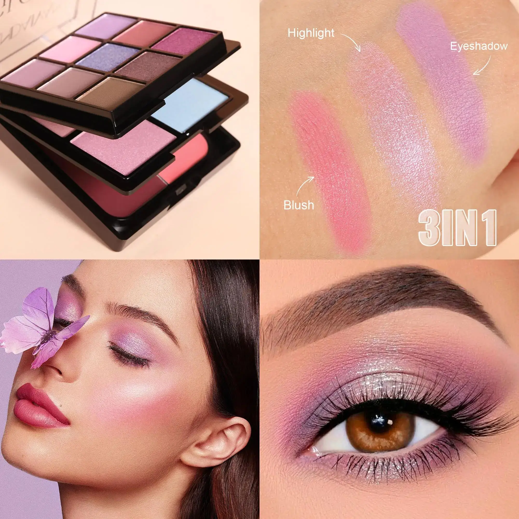 Wasserdichte, langlebige Lidschatten-Palette, matte Perlen-Highlighter, Rouge, 3-in-1, Multifunktions-Make-up, Kosmetik, Schönheit, professionell