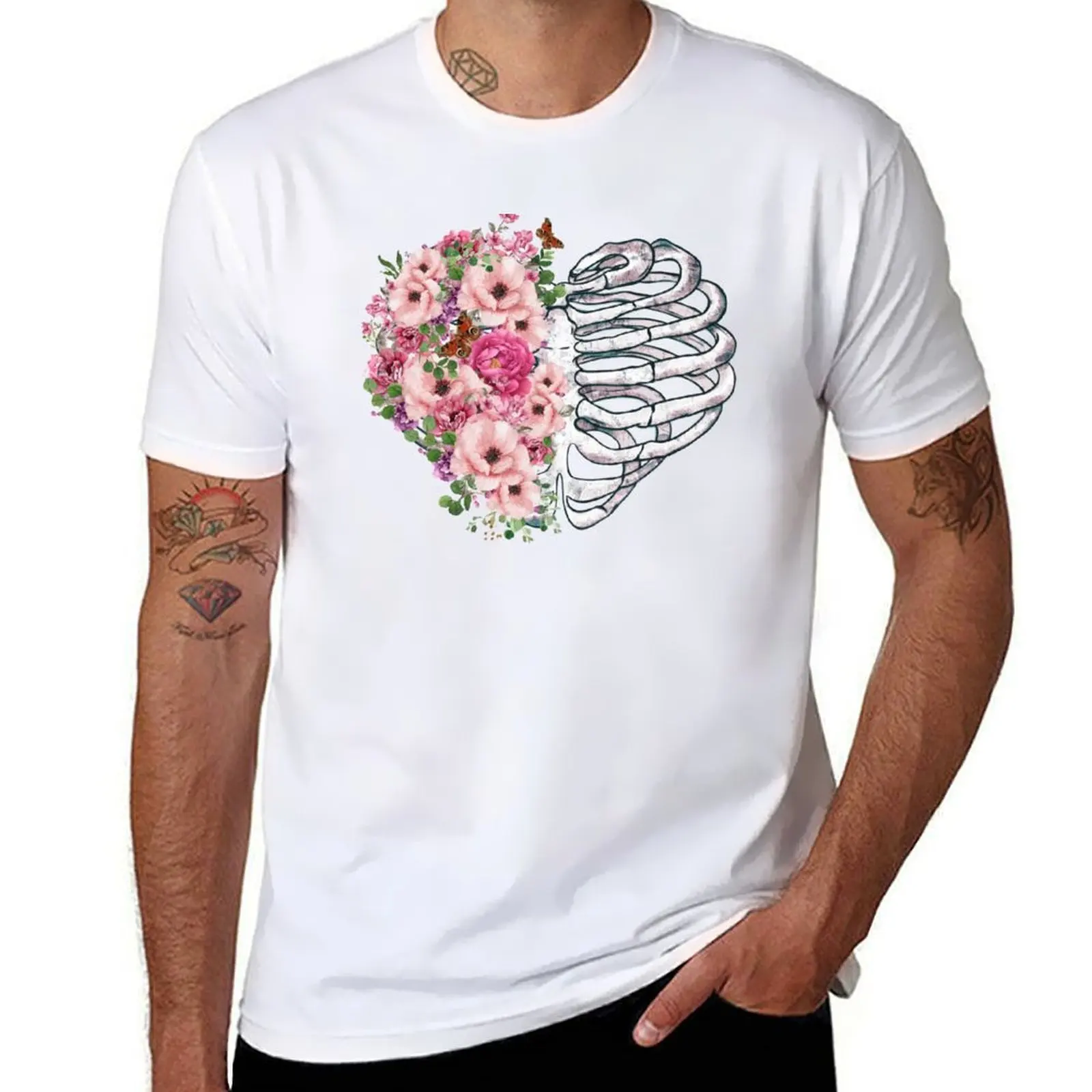 

anatomy heart, Rib skeleton heart ribs and shape pink roses, cage cage, rib T-Shirt Novelty Print Casual Tee Shirt