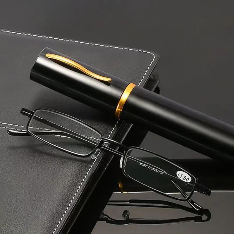 With Case Reading Glasses Anti-blue Light Men Women Metal Frame Eyeglasses Portable Pen Holder Ultralight Eye Protection Eyewear