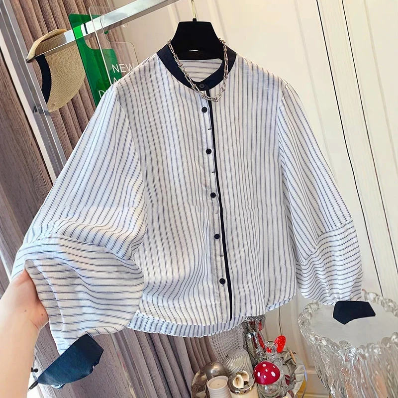 

Vintage Stripes Linen T-shirt Contrats Color O-neck Oversize Casual Shirts Female Full Puff Sleeve Soft Tops Blouses 2025 Autumn