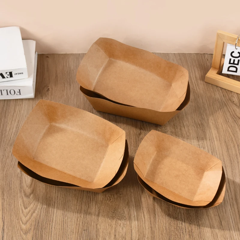 5pcs Kraft Paper Boat Boxes Disposable Food Tray Waterproof And Oil Resistant Dessert Cake French Fries Tray Party Picnic Supply