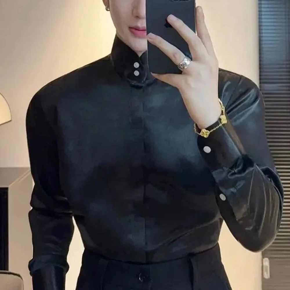 

Зимняя новая мужская однотонная атласная рубашка с длинными рукавами в стиле ретро, модный свободный уличный свободный повседневный простой нишевый мужской топ