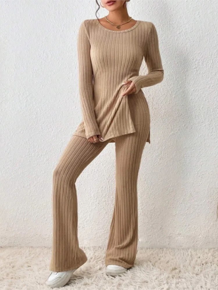 2024 Fall Winter Knitted 2 Piece Suits Women Long Sleeve Ribbed Slit Long Top And High Waist Pencil Pants Set Fashion Outfit