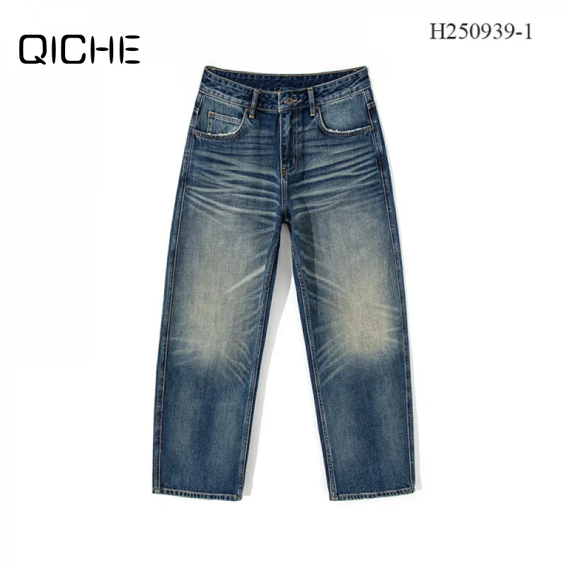 QICHE Men 14OZ Slub Denim Jeans Curved Straight‑Leg Cat‑Whisker Crinkle Washed‑Distressed Autumn‑Winter Casual Trousers