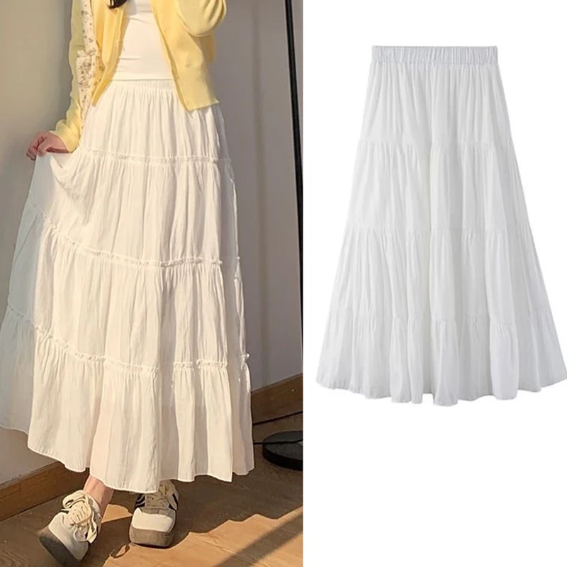 

Gentle Style White Skirt For Women Summer New Style High Waist Slim Drape Cake Skirt Fashionable All-match Long Skirt