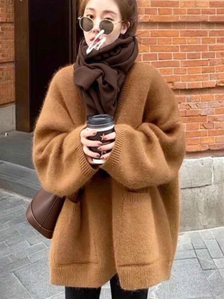 Women Vintage Soft Mink Raccoon Fur Knit Cardigan Loose Thick Warm Lazy Style Coat Autumn Winter Outerwear