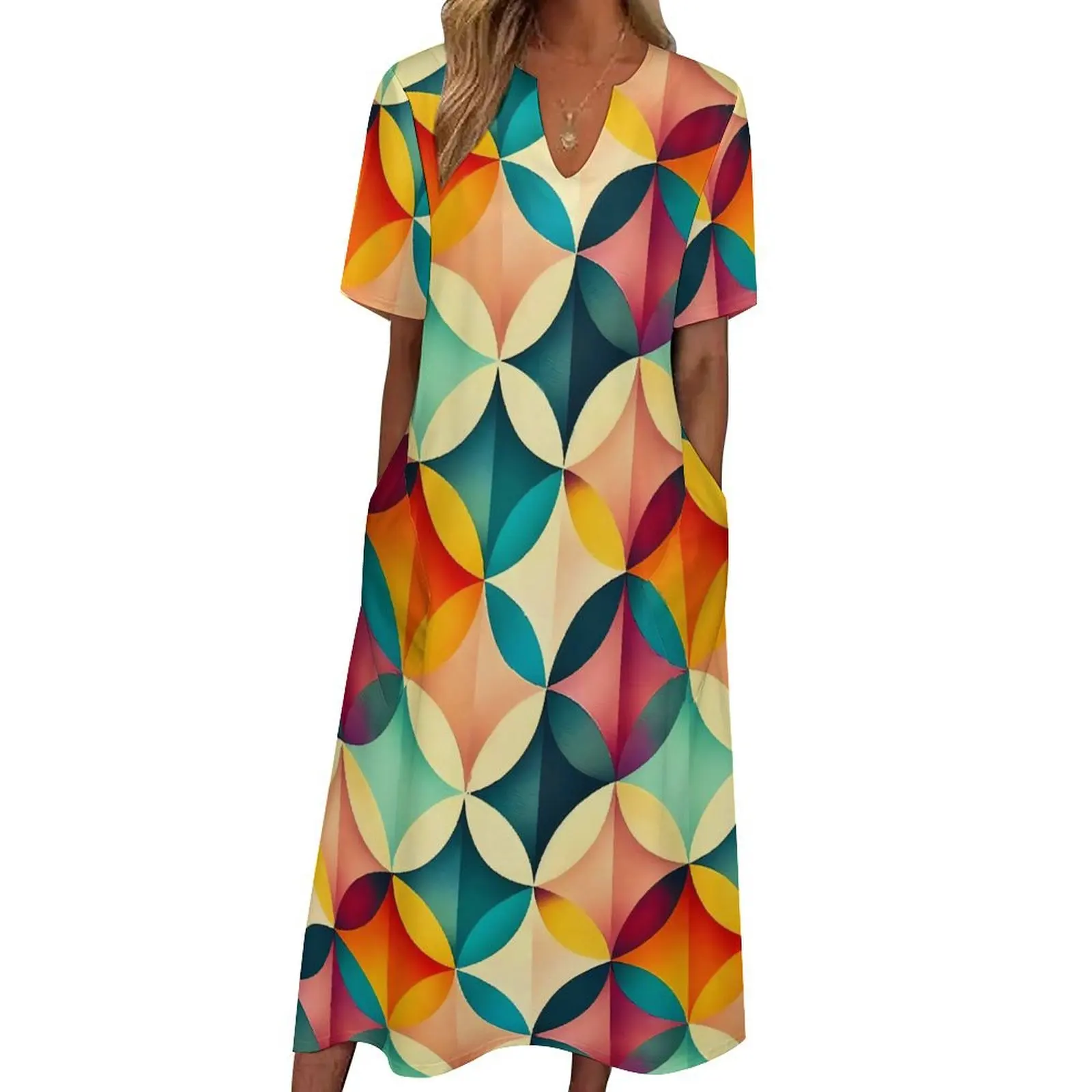 

Color Vintage Geometric Dress Abstract Art Beach Maxi Dress Aesthetic Boho Beach Long Dresses V Neck Design Oversized Clothing