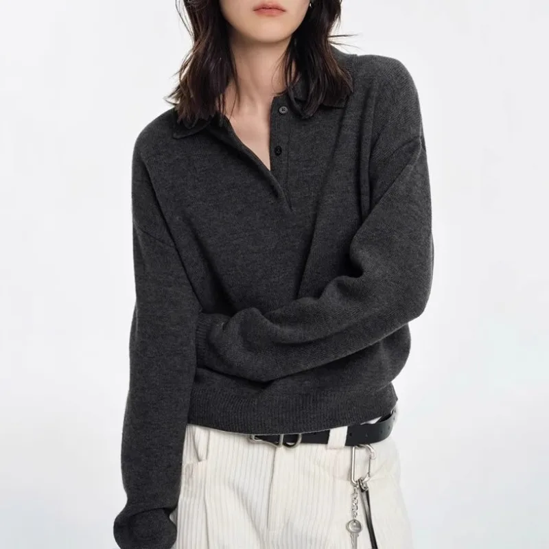

Осень-зима 2022, новый модный женский пуловер с воротником-поло, свитер свободного кроя, базовый слой, топ, одежда Y2k
