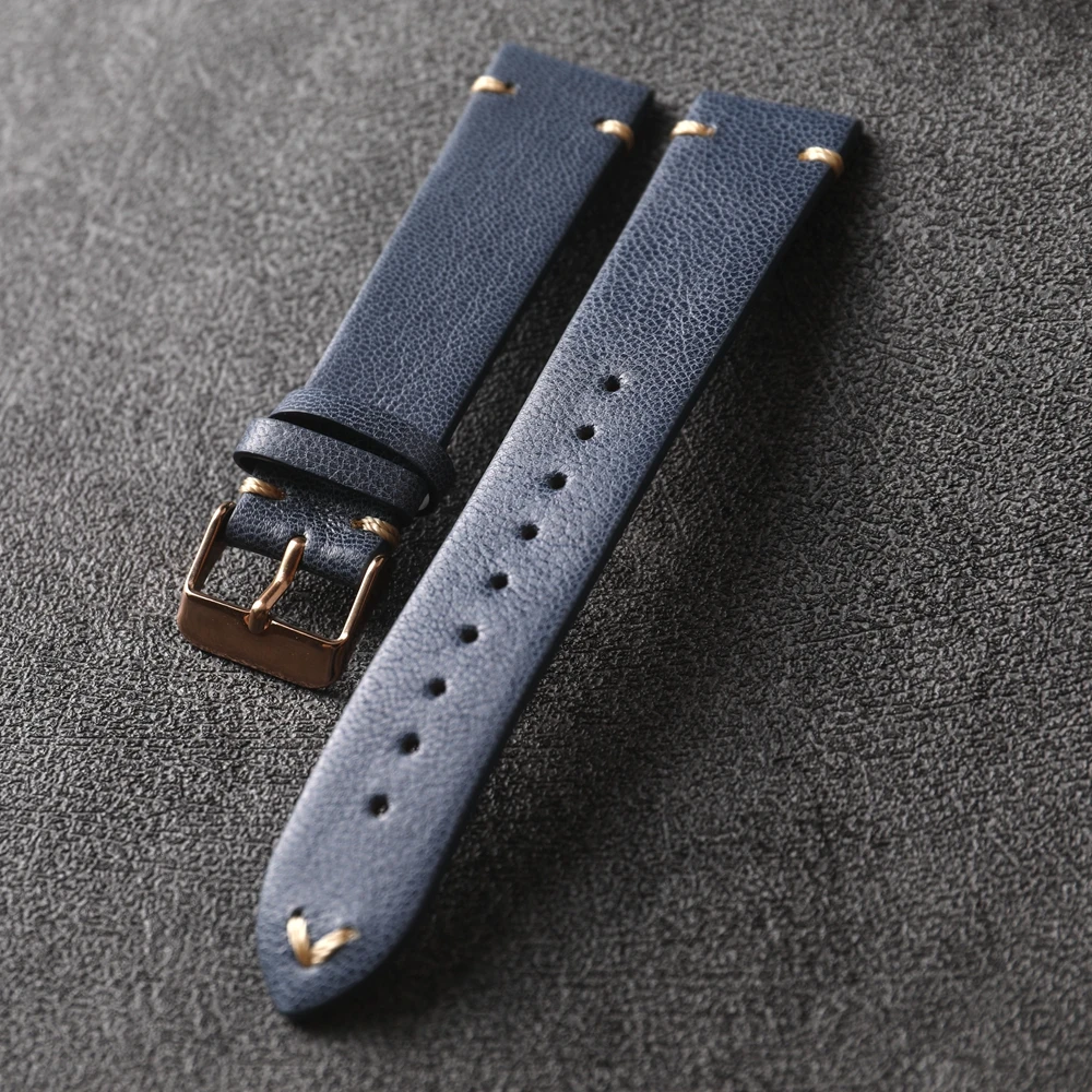 Handmade Genuine Leather Strap, French Goatskin 20MM Blue, Soft Thin Aged Bracelet, High Grade Leather Men\'s Bracelet