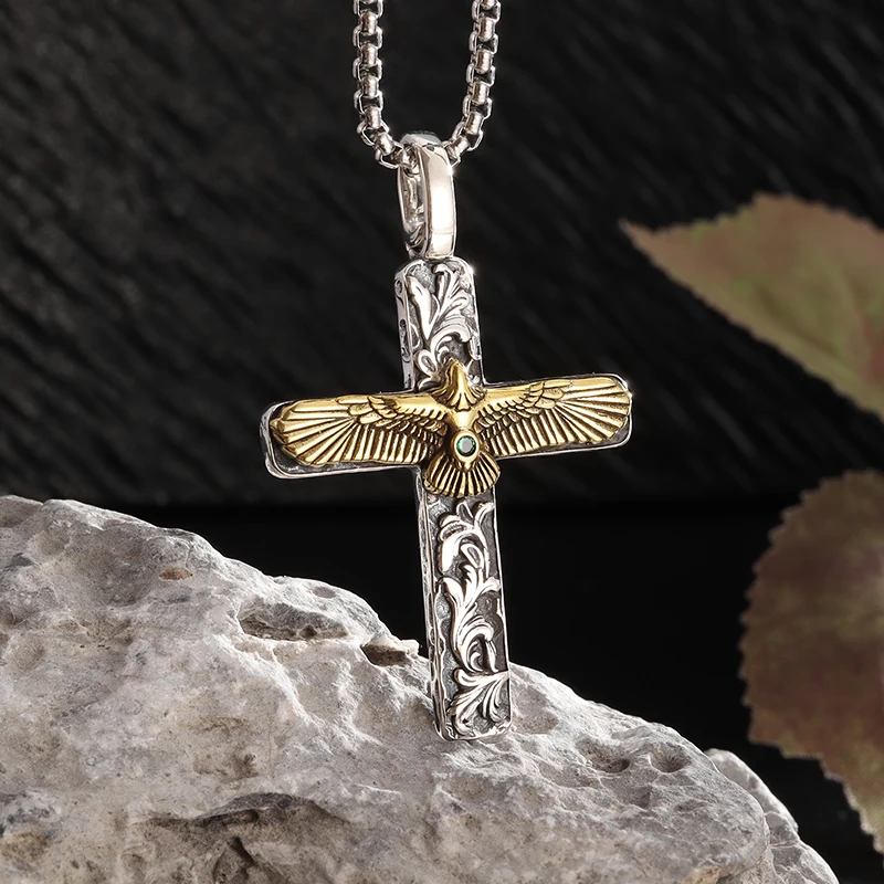 Retro Tang Grass Pattern Cross Pendant Necklace for Men Women Golden Eagle Green Zircon Good Luck Amulet Jewelry Gift