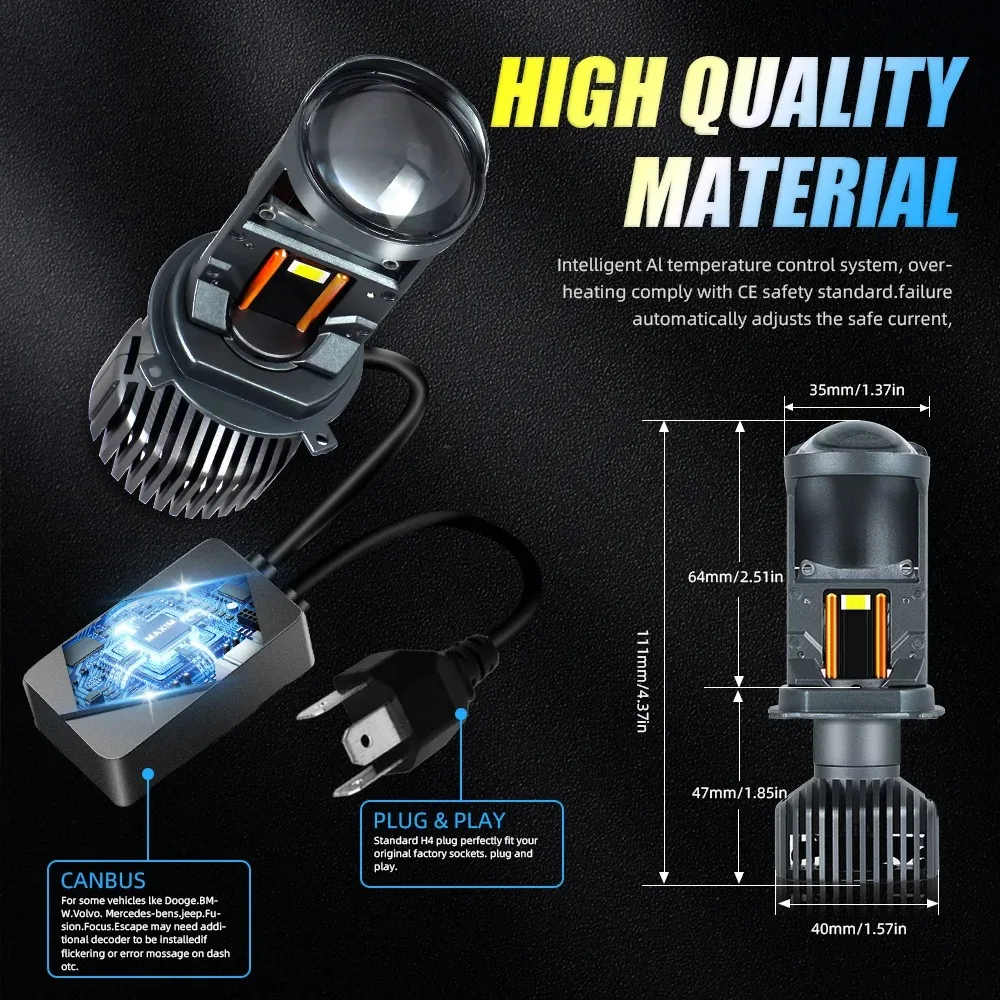 XTG 160W/pair High Power H4 BI-LED Projector Lens Mini H4 LED Lenses Hi-Lo Beam Car Headlight Bulb Canbus Auto Turbo Lights 24V