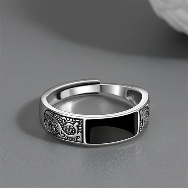 Trendy 925 Sterling Silver Ring For Men Jewelry Black Rectangle Retro Dragon Pattern Ring Male Infex Finger Accessories Open