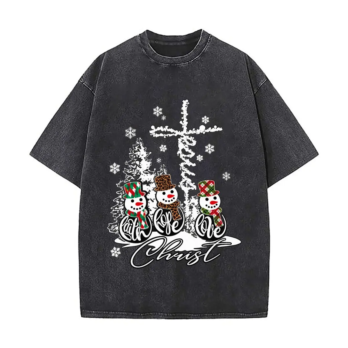 Faith Hope Love Christ Snowmen Christmas Cross Snowflakes Vintage Distressed Loose Streetwear Tops
