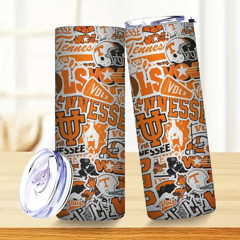 Tumbler With Lid Insulated Cup, Travel Coffee Mug Ideal For Sports Enthusiasts, Featuring Tennessee Vols Football Themed Collag