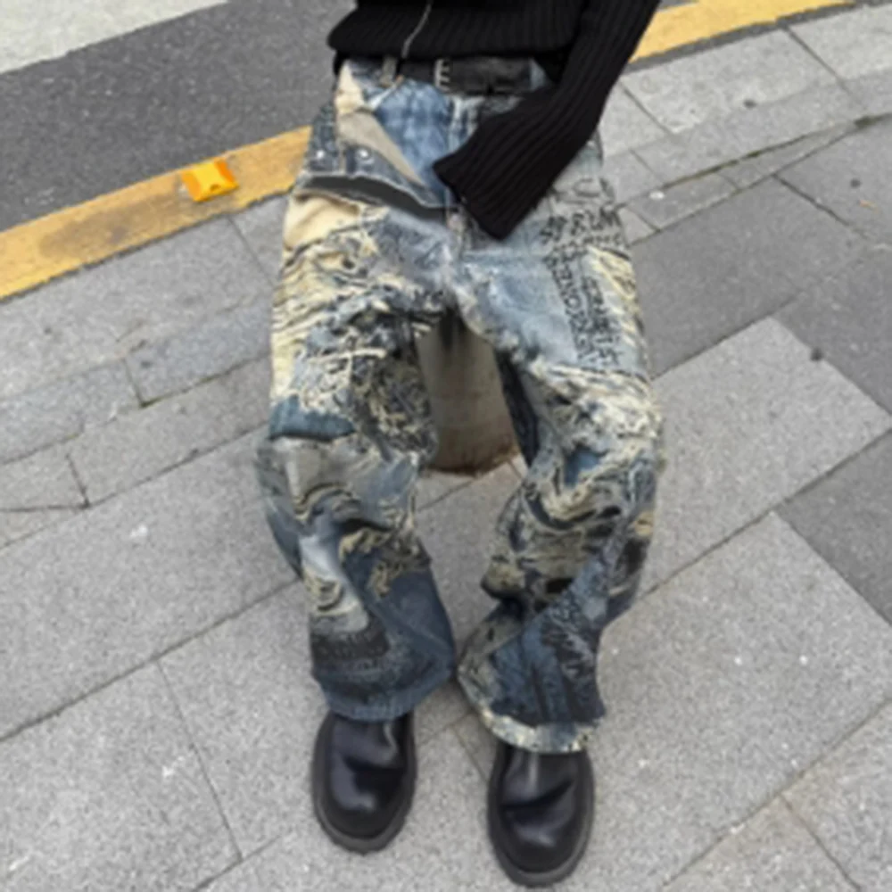 MWJLPWQ Men's 3D Printing Design Jeans High Street Letter Design Bottom Hiphop Loose Wide Leg Denim Trouser 2026 Tide New 010292