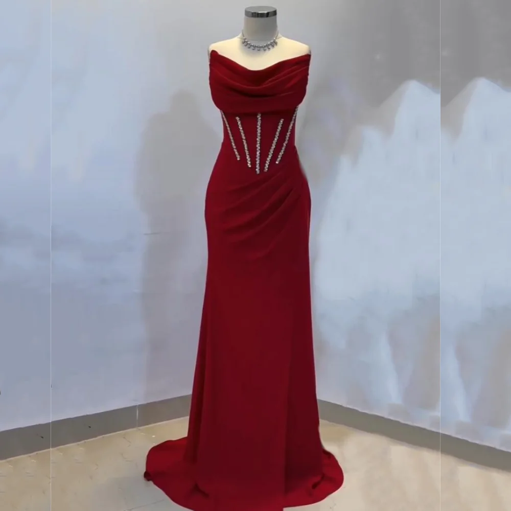 

Customized Jersey Rhinestone Draped Strapless Charming Floor-length Bespoke Occasion Evening Woman Elegant Party Wedding Glitter