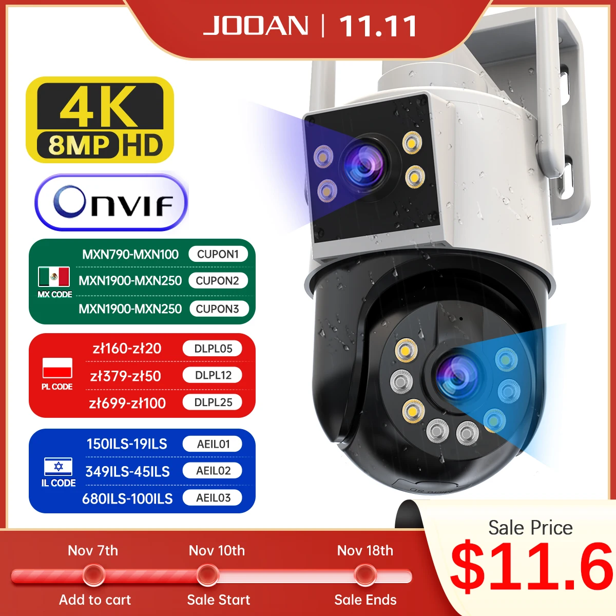 JOOAN 4K 8MP 6MP WiFi Surveillance Camera Outdoor Dual Lens 5X Digital Zoom HD PTZ IP Camera AI Tracking Security CCTV Cameras