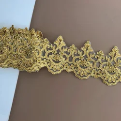 Delicate 1Yard Gold Sequined Embroidery Mesh Lace Trims DIY Luxury Flowers Applique Garment Lace Fabric for Wedding Dresses