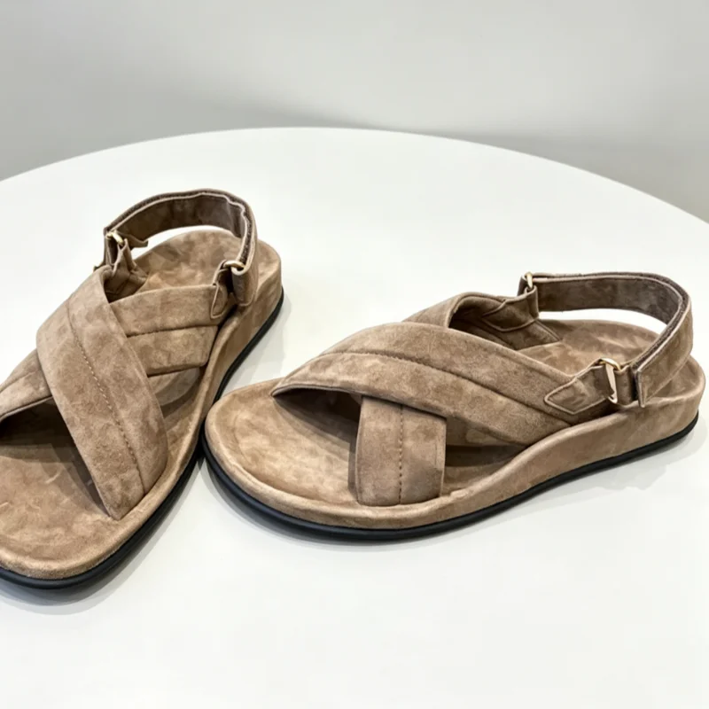 New Summer Cowhide Women'S Flat Shoes Breathable Round Toe Hollow Sandals Solid Color Open Heel Casual Shoes