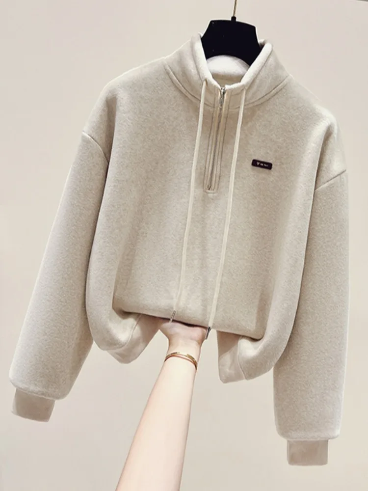 

Утепленная женская толстовка на молнии с воротником-стойкой, осенне-зимняя, свободного кроя, теплая, на флисовой подкладке, оригинальный дизайн, из смесового хлопка