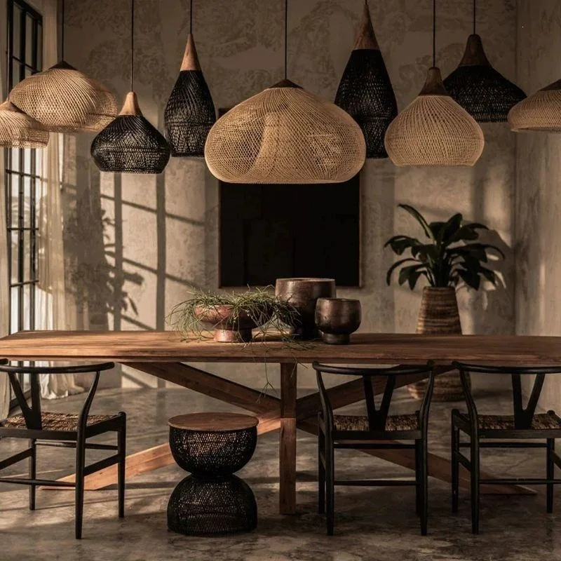 Newest Bamboo Pendant Lamp Ceiling Lights Rattan Wicker Lustre Hand Knit Braiding Suspended Home Dining Braided Indoor Decor Hot